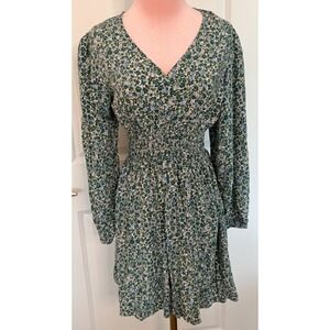 Gap Floral Smocked Waist Dress M Green Blue Purple V Neck Long Sleeve EUC